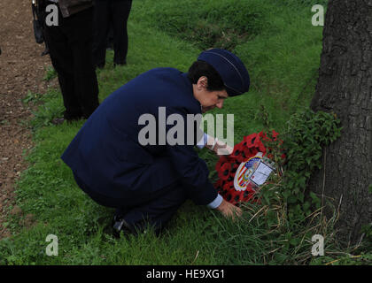 U.S. Air Force Col. Nancy Bozzer, 100th Operations Group commander, lays a wreath at the base of a tree Sept. 28, 2013, where the Dorsal Queen, a B-17 Flying Fortress, crash landed after colliding with the Raunchy Wolf, another B-17 Flying Fortress,  Sept. 26, 1943. After a ceremony commemorating the 70th anniversary of the collision of the two B-17s, Bozzer, along with several other Team Mildenhall Airmen, traveled to the crash site to lay a wreath and pay respect to the deceased. Out of the 20 service members onboard the two aircraft, only one tail gunner survived.  Airman 1st Class Preston  Stock Photo