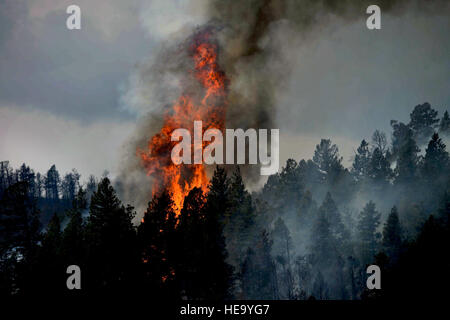 Fire still burns in the Mount Saint Francois area of Colorado Springs, Co. while firefighters continue to battle several fires in Waldo Canyon on June 28, 2012. The Waldo Canyon fire has grown to 18,500 acres and burned over 300 homes. Currently, more than 90 firefighters from the Academy, along with assets from Air Force Space Command; F.E. Warren Air Force Base, Wyo.; Fort Carson, Colo.; and the local community continue to fight the Waldo Canyon fire.(: Master Sgt. Jeremy Lock) (Released) Stock Photo