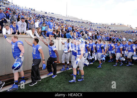 The U.S. Air Force Academy Falcons are congratulated by fans after defeating Navy 30-21 at the Academy's Falcon Stadium Oct. 4, 2014 in Colorado Springs, Colo. (/Mike Kaplan) Stock Photo