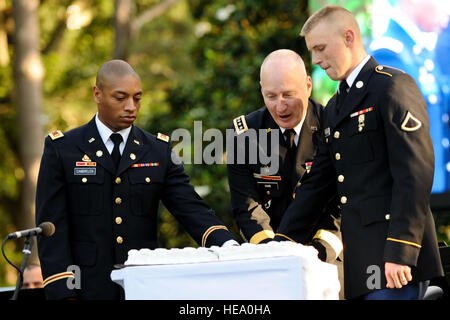 (From left) U.S. Army 2nd Lt. Harry Cambrelen, 359th Inland Cargo Transportation Company executive officer, Gen. Robert Cone, commanding general of U.S. Army Training and Doctrine Command, and Pfc. Dyllen Hester, Alpha Company, 1-222nd Aviation Regiment, cut a cake during the 'Music Under the Stars' performance at Fort Eustis' Magnolia Park as part of the 237th Army Birthday celebration, June 14, 2012. The TRADOC Band performed songs like 'Citizen Solder' and Nickelback's 'Hero.' Stock Photo