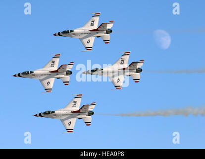 F-15 Fighting Falcons assigned to the U.S. Air Force Air Demonstration Squadron, The Thunderbirds, fly in formation during Aviation Nation at Nellis Air Force Base, Nev., Nov. 8, 2008. The Nellis AFB and Aviation Nation air show, is the showcase of the Air Forces airpower capabilities in the 21st century in Air, Space and Cyberspace. It is the largest aviation event in Las Vegas. The show was held Nov. 8-9. (U.S. Air Force Photo/Senior Airman Larry E. Reid Jr., Released) Stock Photo