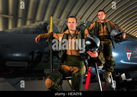 French Air Force Mirage 2000-D pilot Sebastien 'Faber' Fabre and weapons systems officer Jerome 'Daou' Daoulas perform integral roles in supporting ground coalition forces in the Kandahar Province of Afghanistan, June 17, 2012. The French AF has been a coalition partner with the U.S. during Operation Enduring Freedom (OEF) and perform air to ground close air support missions for friendly ground forces. The French detachment is based out of Nancy Airbase, France.  Staff Sgt. Clay Lancaster/Not Released) Stock Photo