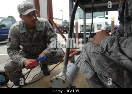 Technicians from the 633rd Civil Engineer Squadron check and monitor pressure on an HVAC system at Langley Air Force Base, using legacy systems to track performance data. Stock Photo