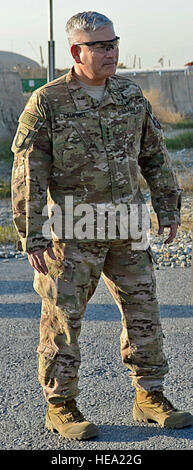 General John Campbell and U.S. Defense Secretary Ash Carter greet Afghanistan Defense Minister Mohammed Masoom Stanekzai at his arrival to Forward Operating Base Fenty – Jalalabad, Afghanistan. Stock Photo