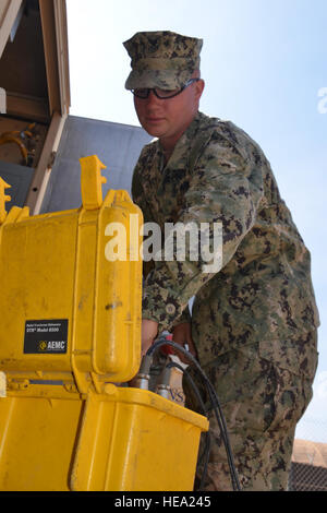 U.S. Navy Petty Officer 1st Class Adam Binon, Naval Facilities Engineering Command Mobile Utilities Support Equipment engineering aid, performs a transformer ratio test on a generator at Camp Lemonnier, Djibouti, Oct. 25, 2012. The upgraded generator installations will allow for Combined Joint Task Force-Horn of Africa airfield and maintenance operations to have a more reliable power source, enhancing CJTF-HOA's mission effectiveness in building partner nation capacity through various military operations, activities and exercises.  Staff Sgt. Veronica McMahon/) Stock Photo