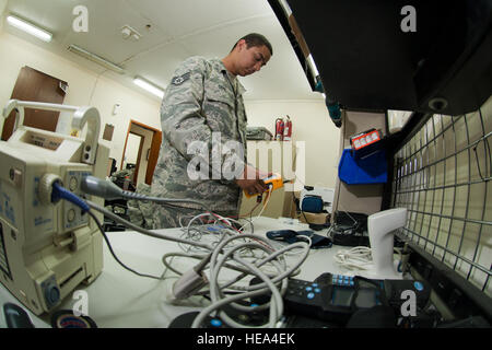 U.S. Air Force Staff Sgt. Anthony Orme, 380th Expeditionary Medical Group biomedical maintenance equipment technician, calibrates a heart monitor at an undisclosed location in Southwest Asia Sept. 25, 2013. Orme is native to Weirton, W.Va., and is deployed from Tyndall Air Force Base, Fla.  Staff Sgt. Joshua J. Garcia) Stock Photo