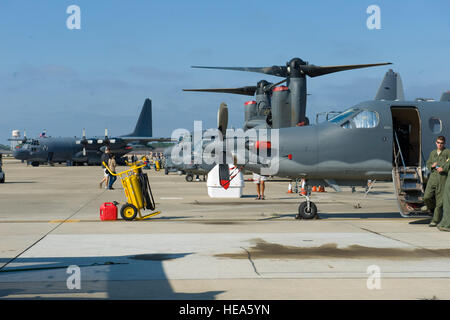 Several static aircraft sit as displays    at the Open House on Hurlburt Field, Fla., Oct. 27, 2012 Team Hurlburt’s Open House gave the public an inside look at the 1st Special Operations Wing and some of the other units located at Hurlburt Field. Ground displays of several types of Special Operations aircraft including the AC-130U Spooky Gunship and the CV-22 Osprey, as well as various other types of specialized military equipment from across base were featured.  (U.S. Air Force Photo/ Staff Sgt. John Bainter) Stock Photo