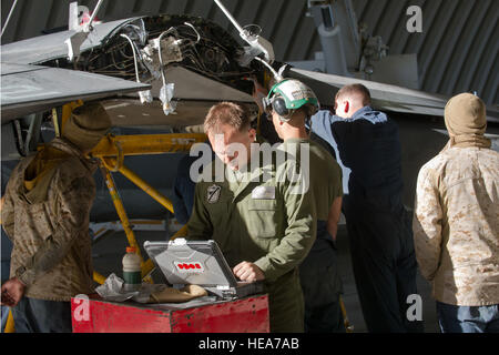 U.S. Marine maintainers assigned to Marine Attack Squadron 214 'Black Sheep,' Marine Corps Air Station Yuma, Ariz., service a hydraulic line on an AV-8B Harrier during Integrated Training Exercise 2-15 at Marine Corps Air Ground Combat Center (MCAGCC) Twentynine Palms, Calif., Feb. 17, 2015. MCAGCC conducts relevant live-fire combined arms training, urban operations, and joint/coalition level integration training that promote operational forces readiness.  Tech. Sgt. Efren Lopez Stock Photo