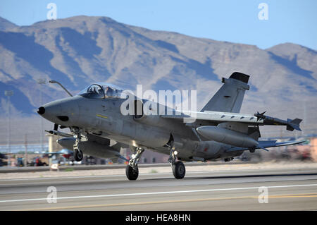 An Italian Air Force AMX fighter lands at Nellis Air Force Base following a Red Flag 09-5 training mission Aug 26. Red Flag is a realistic air combat training exercise conducted over the 15,000-square-mile Nevada Test and Training Range north of Las Vegas. The two-week exercise is administered through the 414th Combat Training Squadron at Nellis Air Force Base and is just one in a series of advanced training programs offered by the U.S. Air Force Warfare Center. In addition to the Italian Air Force, U.S. Air Force, Navy and Marines Corps units from Nevada, Massachusetts, Utah, Louisiana, Calif Stock Photo