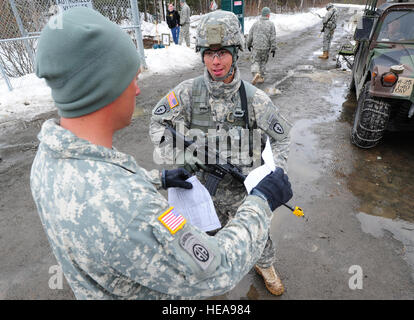 Parachute infantryman 1st Lt. Patrick Nguyen, a native of Houston, assigned to Headquarters and Headquarters Company 1st Battalion (Airborne) 501st Infantry Regiment, hands his paperwork to a cadre member during the Expert Infantryman Badge qualification on Joint Base Elmendorf-Richardson, Alaska, April 24, 2013. The Expert Infantryman Badge was approved by the Secretary of War Oct. 7, 1943, and is currently awarded to U.S. Army personnel who hold infantry or special forces military occupational specialties. Justin Connaher) Stock Photo