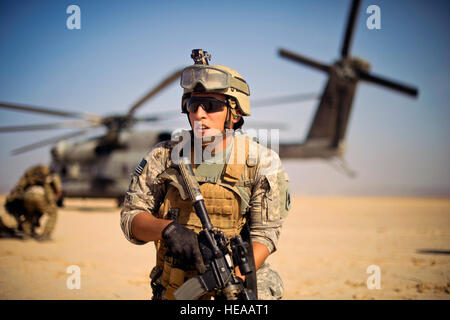 A member of the 2nd Battalion 138th Field Artillery Regiment provides security during a joint personnel recovery exercise in the Grand Bara Desert, Djibouti, Jan. 16. The exercise included two synchronized rescues - one on land and one at sea - and involved airmen, soldiers, sailors and Marines from Combined Joint Task Force-Horn of Africa as well as members of the French Foreign Legion. The exercise helped enhance joint and coalition interoperability and underscored the importance of personnel recovery in the Horn of Africa.  Tech Sgt. Joseph McKee) Stock Photo