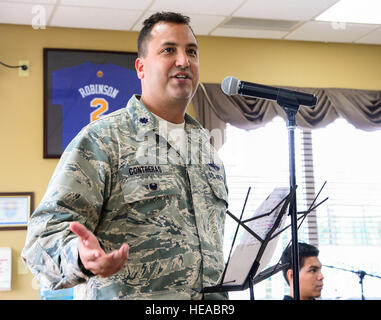 U.S. Air Force Lt. Col. Matthew Contreras, deputy commander of Joint Task Force-Bravo gives the key note speech celebrating Hispanic Heritage Month at the dining facility on Soto Cano Air Base, Honduras, Oct. 9, 2014. In celebration of Hispanic Heritage Month, JTF-B coordinated performances from the Honduran Navy Band stationed in Tegucigalpa, the official folk dance group from the Escuela Normal Centro América, as well as a couple of performers  from the Dilcia Mejia Dance School. ( Tech. Sgt. Heather Redman Stock Photo