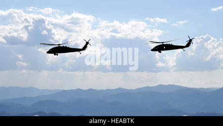A pair of UH-60 Black Hawk helicopters assigned to Joint Task Force-Bravo's 1-228th Aviation Regiment cruise over the Honduran landscape, Feb. 12, 2014. The two aircraft were transporting a delegation of several U.S. and Honduran distinguished visitors, including U.S. Marine Corps Gen. John F. Kelly, commander, U.S. Southern Command, and U.S. Ambassador to Honduras Lisa Kubiske, to visits to multiple Honduran military installations throughout the country.  Capt. Zach Anderson) Stock Photo
