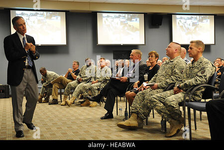 Retired Army Maj. Gen. Bruce Lawlor, the first Joint Task Force Civil Support commander, describes the early years of the unit's establishment to current JTF-CS members during a command birthday celebration here Oct. 1, 2014. Lawlor was commander of JTF-CS from 1999- 2001. JTF-CS held the celebration to recognize accomplishments of the unit since its inception in 1999.  JTF-CS anticipates, plans, and prepares for CBRN defense support to civil authorities response operations. (Official DOD  Air Force Tech. Sgt. Gwendolyn Blakley) Stock Photo