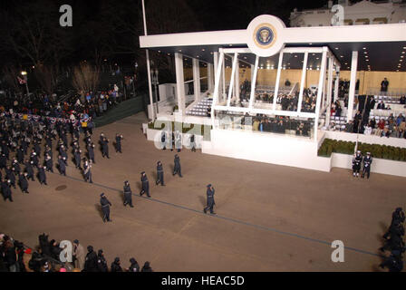 The U.S. Air Force Band performs while marching past the review stand for President Barack Obama's Inaugural Parade on January 20, 2009. More than 5,000 men and women in uniform are providing military ceremonial support to the presidential inauguration, a tradition dating back to George Washington's 1789 inauguration. Stock Photo