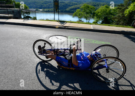 U.S. Air Force Retired Maj. Lee Kuxhaus of Green Bay, WI, competes in then recumbent cycling race at the 2016 DoD Warrior Games held at the U.S. Military Academy at West Point, NY, June 18, 2016. The DoD Warrior Games, June 15-21, is an adaptive sports competition for wounded, ill and injured service members and Veterans. Athletes representing teams from the Army, Marine Corps, Navy, Air Force, Special Operations Command and the United Kingdom Armed Forces compete in archery, cycling, track and field, shooting, sitting volleyball, swimming, and wheelchair basketball. ( Staff Sgt. Carlin Leslie Stock Photo
