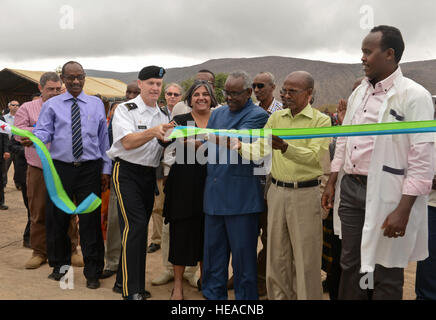 U.S. Army Brig. Gen. Wayne Grigsby Jr., commander of Combined Joint Task Force-Horn of Africa, along with other distinguished visitors cut the ribbon officially opening the Karta health clinic, Karta, Jan. 30, 2014. The Karta health clinic was in cooperation with United States Agency for International Development, under the supervision of CJTF-HOA CJ-44 engineers.  Senior Airman Tabatha Zarrella Stock Photo