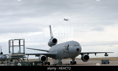 A KC-10 Extender is photographed at Travis Air Force Base, Calif., May 7, 2015. The KC-10 plays a key role in the mobilization of U.S. military assets, taking part in overseas operations far from home. These aircraft performed airlift and aerial refueling during the 1986 bombing of Libya (Operation Eldorado Canyon), the 1990-91 Gulf War with Iraq (Operations Desert Shield and Desert Storm), the 1999 NATO bombing of Yugoslavia (Operation Allied Force), War in Afghanistan (Operations Enduring Freedom), and Iraq War (Operations Iraqi Freedom and New Dawn). The KC-10 is expected to serve until 204 Stock Photo