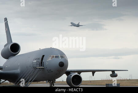 A KC-10 Extender is photographed at Travis Air Force Base, Calif., May 7, 2015. The KC-10 plays a key role in the mobilization of U.S. military assets, taking part in overseas operations far from home. These aircraft performed airlift and aerial refueling during the 1986 bombing of Libya (Operation Eldorado Canyon), the 1990-91 Gulf War with Iraq (Operations Desert Shield and Desert Storm), the 1999 NATO bombing of Yugoslavia (Operation Allied Force), War in Afghanistan (Operations Enduring Freedom), and Iraq War (Operations Iraqi Freedom and New Dawn). The KC-10 is expected to serve until 204 Stock Photo