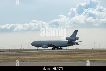 A KC-10 Extender is photographed at Travis Air Force Base, Calif., May 7, 2015. The KC-10 plays a key role in the mobilization of U.S. military assets, taking part in overseas operations far from home. These aircraft performed airlift and aerial refueling during the 1986 bombing of Libya (Operation Eldorado Canyon), the 1990-91 Gulf War with Iraq (Operations Desert Shield and Desert Storm), the 1999 NATO bombing of Yugoslavia (Operation Allied Force), War in Afghanistan (Operations Enduring Freedom), and Iraq War (Operations Iraqi Freedom and New Dawn). The KC-10 is expected to serve until 204 Stock Photo