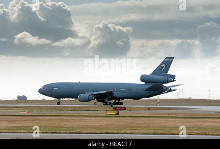 A KC-10 Extender is photographed at Travis Air Force Base, Calif., May 7, 2015. The KC-10 plays a key role in the mobilization of U.S. military assets, taking part in overseas operations far from home. These aircraft performed airlift and aerial refueling during the 1986 bombing of Libya (Operation Eldorado Canyon), the 1990-91 Gulf War with Iraq (Operations Desert Shield and Desert Storm), the 1999 NATO bombing of Yugoslavia (Operation Allied Force), War in Afghanistan (Operations Enduring Freedom), and Iraq War (Operations Iraqi Freedom and New Dawn). The KC-10 is expected to serve until 204 Stock Photo