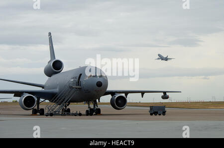 A KC-10 Extender is photographed at Travis Air Force Base, Calif., May 7, 2015. The KC-10 plays a key role in the mobilization of U.S. military assets, taking part in overseas operations far from home. These aircraft performed airlift and aerial refueling during the 1986 bombing of Libya (Operation Eldorado Canyon), the 1990-91 Gulf War with Iraq (Operations Desert Shield and Desert Storm), the 1999 NATO bombing of Yugoslavia (Operation Allied Force), War in Afghanistan (Operations Enduring Freedom), and Iraq War (Operations Iraqi Freedom and New Dawn). The KC-10 is expected to serve until 204 Stock Photo