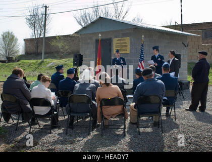 Lt. Col. Kevin Parker, 376th Expeditionary Civil Engineer Squadron commander, speaks during the Jangi Jer well dedication ceremony, April 5, 2013, in Jangi Jer, Kyrgyzstan. The renovations improved the water quality and availability for more than 9,000 village residents. Staff Sgt. Stephanie Rubi) Stock Photo