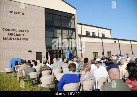 Airmen from Keesler Air Force Base, Miss., performed a dedication ceremony of the Consolidated Aircraft Maintenance Facility named after Col. (Ret.) Lawrence Roberts who served as a Tuskegee Airman and adopted Biloxi, Miss., as his home. The $22.6 million facility will be used to maintain the C-130J six-bladed composite propeller, and many other significant maintenance capabilities. The Roberts' family, along with more than 250 community and civic leaders, attended the ceremony. Kemberly Groue) Stock Photo