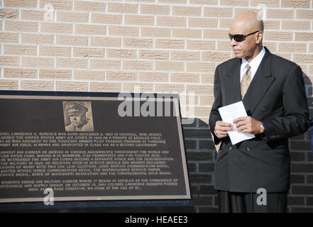 Airmen from Keesler Air Force Base, Miss., performed a dedication ceremony of the Consolidated Aircraft Maintenance Facility named after Col. (Ret.) Lawrence Roberts who served as a Tuskegee Airman and adopted Biloxi, Miss., as his home. The $22.6 million facility will be used to maintain the C-130J six-bladed composite propeller, and many other significant maintenance capabilities. The Roberts' family, along with more than 250 community and civic leaders, attended the ceremony. Kemberly Groue) Stock Photo