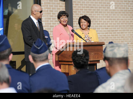 Airmen from Keesler Air Force Base, Miss., performed a dedication ceremony of the Consolidated Aircraft Maintenance Facility named after Col. (Ret.) Lawrence Roberts who served as a Tuskegee Airman and adopted Biloxi, Miss., as his home. The $22.6 million facility will be used to maintain the C-130J six-bladed composite propeller, and many other significant maintenance capabilities. The Roberts' family, along with more than 250 community and civic leaders, attended the ceremony. Kemberly Groue) Stock Photo