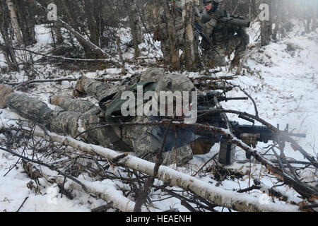 Paratroopers assigned to the 3rd Battalion, 509th Parachute Infantry Regiment, 4th Infantry Brigade Combat Team (Airborne) 25th Infantry Division, U.S. Army Alaska, maneuver past the wooded region during a live-fire and movement-to-contact operations on the Infantry Squad Battle Course at Joint Base Elmendorf-Richardson, Alaska, Tuesday, Nov. 8, 2016. The soldiers focused on core infantry skills such as fire team movement, communication, shifting fire, and once on the objective identifying and eliminating weapons caches and treating and evacuating casualties.  Airman 1st Class Javier Alvarez) Stock Photo