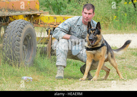 Staff Sgt. Matt Yourdan, 48th Security Forces Squadron military working dog trainer, holds back Ayron, a 5-year-old German Shepherd MWD, during force-on-force training at the Stanford Training Area in Norfolk, July 11, 2013. Members from the 48th SFS conducted a three-day training exercise at STANTA, an area that offers a realistic environment to help train airmen. Defenders from the 100th SFS, RAF Mildenhall, assisted this training by playing as opposing forces.  Airman 1st Class Dana J. Butler) Stock Photo