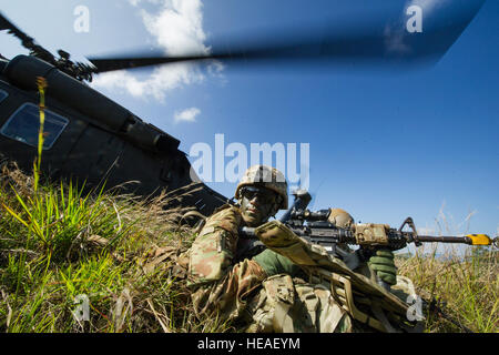 U.S. Army 1st Lt. Joseph Ross, 2nd Platoon, Alpha Company, 29th Engineer Battalion, 3rd Brigade, 25th Infantry Division, provides security after exiting a U.S. Army Black Hawk during a tactical insertion as part of the 25th ID Lightning Academy’s Jungle Operations Training Center (JOTC) patrol day one March 23, 2016, at the East Range Training Center, Hawaii. Students who attend the JOTC training course learn how to operate in a jungle environment learning skills focused on survival, communication, navigation, waterborne and patrol base operations.  Staff Sgt. Christopher Hubenthal) Stock Photo