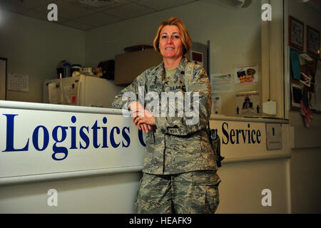 U.S. Air Force Lt. Col. Stephanie Dusza, Craig Joint-Theater Hospital medical logistics flight commander, poses for a picture at Bagram Airfield, Afghanistan, June 1, 2012. Dusza is in charge of purchasing all the supplies for CJTH. From patient beds, wheelchairs, and medicine, anything the hospital needs come through Dusza and her logistic's section. She is deployed from Eglin Air Force Base, Fla.  Staff Sgt. Clay Lancaster/Not Released) Stock Photo