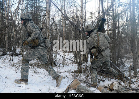 Paratroopers assigned to the 3rd Battalion, 509th Parachute Infantry Regiment, 4th Infantry Brigade Combat Team (Airborne) 25th Infantry Division, U.S. Army Alaska, maneuver past the wooded region during a live-fire and movement-to-contact operations on the Infantry Squad Battle Course at Joint Base Elmendorf-Richardson, Alaska, Tuesday, Nov. 8, 2016. The soldiers focused on core infantry skills such as fire team movement, communication, shifting fire, and once on the objective identifying and eliminating weapons caches and treating and evacuating casualties.  Airman 1st Class Javier Alvarez) Stock Photo