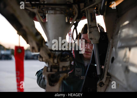 U.S. Air Force Airman 1st Class Samuel Short, a crew chief assigned to the 480th Expeditionary Fighter Squadron, inspects the front wheel assembly of an F-16 Fighter Falcon fighter aircraft during a flying training deployment on the flightline at Souda Bay, Greece, Jan. 27, 2016. Approximately 300 personnel and 18 F-16s from the 52nd Fighter Wing at Spangdahlem Air Base, Germany, will support flight during the FTD as part of U.S. Air Forces in Europe-Air Forces Africa's Forward Ready Now stance.  Staff Sgt. Christopher Ruano Stock Photo