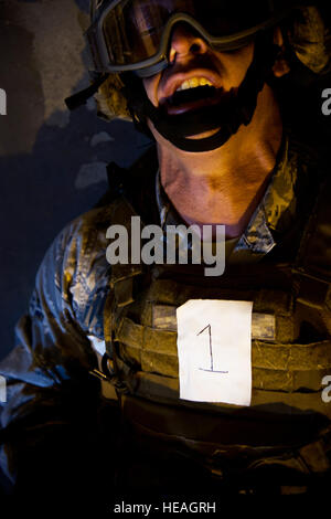 Senior Airman Derrick Besser, 791st Missile Security Forces member, rest after lifting a log during the 91st Security Support Squadron tactical response force tryouts at Minot Air Force Base, N.D., Oct. 29. The Tactical Response Force is a nuclear special weapons and tactics team specializing in recapture and recovery operations. Senior Airman Brittany Y. Auld) Stock Photo