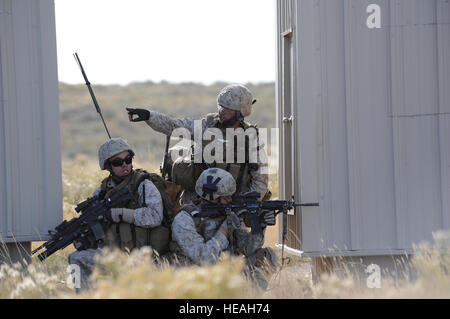 U.S. Marine Capt. Erich Lloyd, 1st Air Naval Gunfire Liaison Company forward air controller deployed from Camp Pendleton, Calif., directs team movements during an exercise urban combat scenario during exercise Mountain Roundup 2013 at Juniper Butte Range, about 70 miles from Mountain Home Air Force Base, Idaho, Oct. 8, 2013. Lloyd, a prior-enlisted crew chief, used U.S. Navy AV-8B Harriers and Republic of Singapore Air Force F-15SG Strike Eagles air assets to neutralize enemy forces.  Master Sgt. Kevin Wallace/) Stock Photo