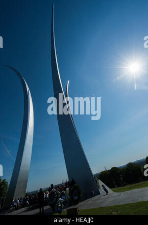 Chief Master Sgt. of the Air Force James A. Cody provided the keynote speech during a Memorial Day wreath-laying ceremony held at the Air Force Memorial, Arlington, Va., May 25, 2015. During his remarks Cody mentioned a few Airmen by name and said, 'We honor these Airmen today, just as we honor the more than one million men and women who've paid the ultimate sacrifice in defense of the freedoms we enjoy.' He added, 'Today we do not mourn the fallen, we celebrate their courage and praise them for their selflessness. We hold them in our hearts and celebrate them with our words. They gave us caus Stock Photo