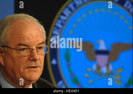 050513-F-7203T-008  Under Secretary of Defense for Acquisition, Technology and Logistics Michael Wynne briefs reporters on the Defense Department's Base Realignment and Closure (BRAC) recommendations during a press briefing at the Pentagon on May 13, 2005.   Tech. Sgt. Cherie A. Thurlby, U.S. Air Force. (Released) Stock Photo