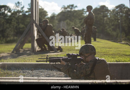U.S. Marines sight-in on their targets at an unknown distance during a table five range at Camp Lejeune, N.C., Sept. 21, 2016. Marines with 2nd Maintenance Battalion conducted a table 3-6 range which allowed them to properly employ their M16 or M4 assault rifles during day and night courses of fire.  Cpl. Justin T. Updegraff) Stock Photo
