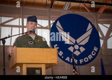 Lt. Col. Andrew Caggiano, 314th Fighter Squadron commander, addresses his Airmen, family and friends at the activation of the 314th FS at Holloman Air Force Base, N.M., on July 14. The 54th Fighter Group, a detachment of the 56th Fighter Wing at Luke Air Force Base, Ariz., activated the 314th Fighter Squadron here. Their mission is to produce the world’s greatest F-16 Fighting Falcon fighter pilots and deploy combat mission ready Airmen. The 314th FS was first activated July 6, 1942. During that time, the unit deployed to serve with Ninth Air Force in Egypt, where it took part in the Western D Stock Photo
