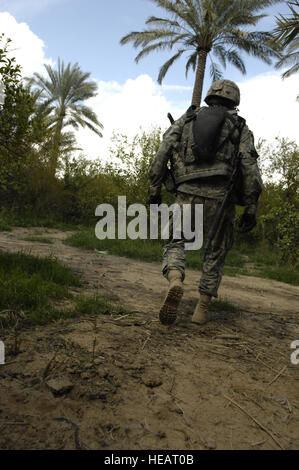 U.S. Army Sgt. Mark Corona, Charlie Company 1st Battalion, 12th Cavalry, Fort Hood, Texas, searches a palm grove for Improvised Explosive Devices (IED) during Operation Austin in Arab Jabbar, Iraq Mar. 16, 2007. Operation Austin is a mission to cordon and search a town to find weapons and insurgents. (U.S. Army photos by Staff Sgt. JoAnn S. Makinano) (Released) Stock Photo