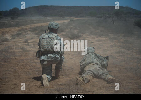 A Soldier from Alpha Company,1st Armored Battalion, 77th Armored Regiment 3rd Armored Brigade Combat Team, 1st Armored Division, East Africa Response Force (EARF) fires from the prone position while being observed by senior leadership during a live fire training exercise at the Arta training range in Djibouti, May 30, 2015.  The EARF is a quick reaction force designed to defend U.S. assets within the Combined Joint Task Force Horn of Africa area of responsibility. ( Staff Sgt. Gregory Brook/ Released) Stock Photo