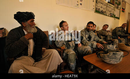 U.S. Army Capt., Casey Thoreen, Blackwatch Company Commander from  2nd Battalion, 1st Infantry Regiment, meets with the principle of Wazi Muhammad Khan School in Hutal, Afghanistan, Jan. 7. : Staff Sgt. Dayton Mitchell) Stock Photo