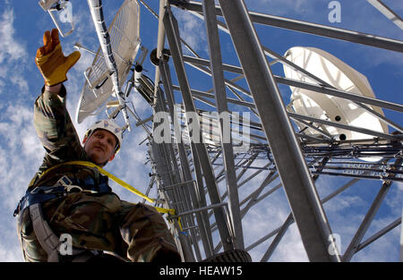 U.S. Air Force Tech. Sgt. Mark Quinn, 142nd Fighter Wing (FW), Oregon Air National Guard (ORANG), Ore., performs an inspection survey on a communications tower near Tucson, Ariz., Jan. 18, 2007.  The 142nd FW is deployed in support of Operation Jump Start, an operation including more than 6,000 U.S. Army National Guardsmen and U.S. Air Force Air National Guardsmen from around the nation working in partnership with the U.S. Customs and Border Patrol to help secure the southern border.   Senior Airman Trisha Harris) (Released) Stock Photo