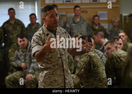 Marine Corps Sgt. Maj. Anthony Spadaro, U.S. Pacific Command senior enlisted leader, talks to soldiers at the Noncommissioned Officer Academy, at Joint Base Elmendorf-Richardson, Alaska, Oct. 19, 2016. Spadaro, a native of New Brunswick, New Jersey visited JBER for a three day immersion tour Oct. 19 to 21, 2016. Spadaro provides the PACOM commander with the enlisted perspective on theater security cooperation, encouraging peaceful development, responding to contingencies, and deterring aggression throughout the Indo-Asia-Pacific region. This was his first visit to Alaska.  Airman 1st Class Jav Stock Photo