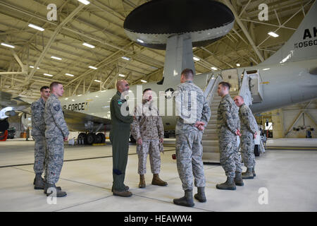 Marine Corps Sgt. Maj. Anthony Spadaro, U.S. Pacific Command senior enlisted leader, prepares to tour an E-3 Sentry, Oct. 21, 2016. Spadaro, a native of New Brunswick, New Jersey visited JBER for a three day immersion tour Oct. 19 to 21, 2016. Spadaro provides the PACOM commander with the enlisted perspective on theater security cooperation, encouraging peaceful development, responding to contingencies, and deterring aggression throughout the Indo-Asia-Pacific region. This was his first visit to Alaska.  Airman 1st Class Javier Alvarez) Stock Photo