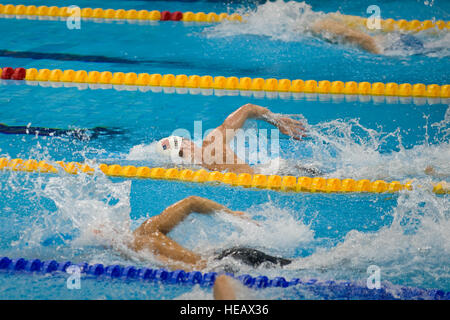 U.S. Navy Lt. Bradley Snyder, assigned to Explosive Ordnance Disposal Group 2, swims down his lane during a 100-meter heat at the Paralympic Games in London Aug. 31, 2012. The Paralympics is a major international sporting event in which thousands of athletes, including wounded and injured U.S. Service members, participate in a variety of sporting events.  Master Sgt. Sean M. Worrell Stock Photo