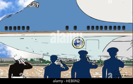 Digital art depicting Air Force Col. J.C. Millard, 89th Airlift Wing commander, members of the 89th AW flightline protocol office and a Marine corporal saluting as Air Force One departs Joint Base Andrews, Md. Air Force One is a call sign given to any aircraft the President of the United States is aboard. Typically, the president flies on one of two VC-25As from the 89th AW’s Presidential Airlift Group. The president, vice president, secretary of state, secretary of defense, first lady and other senior leaders also travel aboard 1st Airlift Squadron C-32As and C-40Bs, and 99th Airlift Squadron Stock Photo